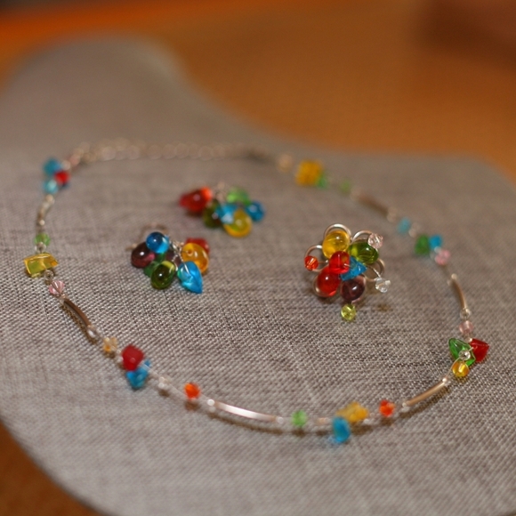 Colorful Necklace Ring and Earrings Set - Pre-loved (15"-19") - Picture 3 of 7